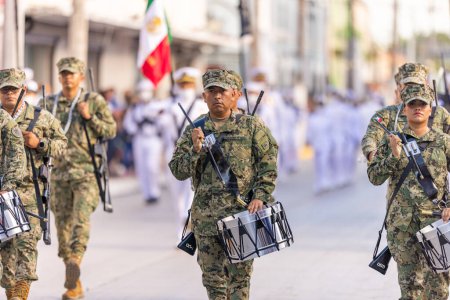 Photo for Matamoros, Tamaulipas, Mexico - September 16, 2022: Desfile 16 de Septiembre, Mexican Navys marching band performing at the parade - Royalty Free Image