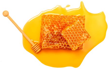 Foto de Palillo de miel y panal aislado sobre fondo blanco, vista superior. - Imagen libre de derechos