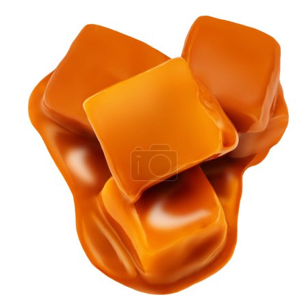 Photo for Caramel candies and flowing  caramel sauce isolated on a white background. Pieces of toffee candies close u - Royalty Free Image