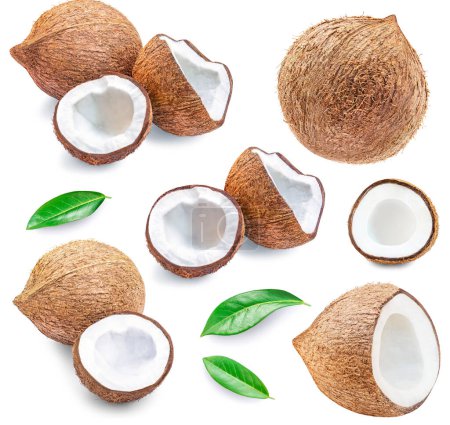 Photo for Coconuts with green leaves isolated on white background. Collection. Creative layout  of fresh whole and half coconut and slices. Pattern. Flat la - Royalty Free Image