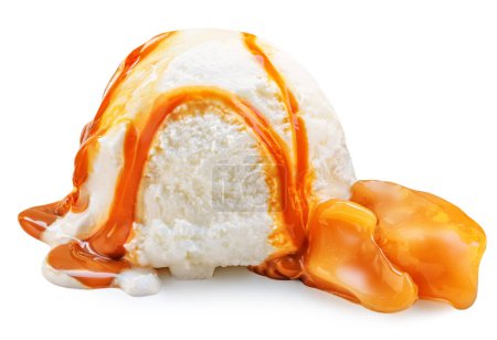 Photo for Vanilla ice cream with Melting caramel sauce isolated on white background - Royalty Free Image