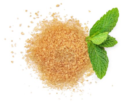 Téléchargez les photos : Brown sugar isolated on white background, top view. Sweet Granulated Cane sugar with fresh mint leaves for mojito drink. Flat lay - en image libre de droit