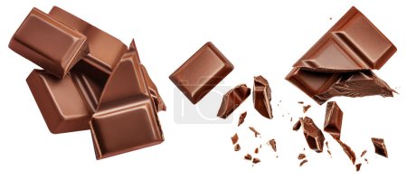 Dark chocolate chunks isolated on white background. Collection. Flying Chocolate pieces, shavings and cocoa crumbs Top view. Flat lay. Patter