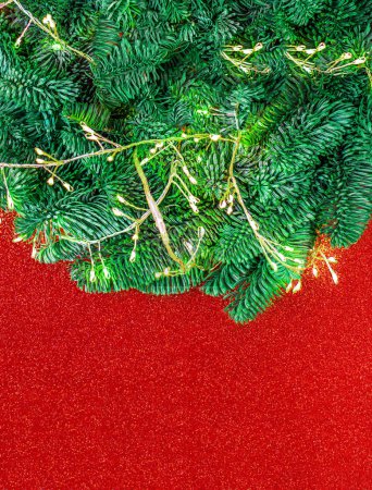 Foto de Ramas de árboles de Navidad con luces doradas guirnalda en un fondo rojo brillante festivo vista superior, copyspace. Navidad, Naturaleza Concepto de Año Nuevo - Imagen libre de derechos