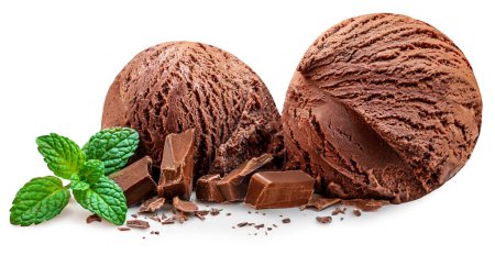 Téléchargez les photos : Chocolate Ice Cream Scoops isolated on white background. Chocolate ice-cream with mint leaf close up. Collection - en image libre de droit