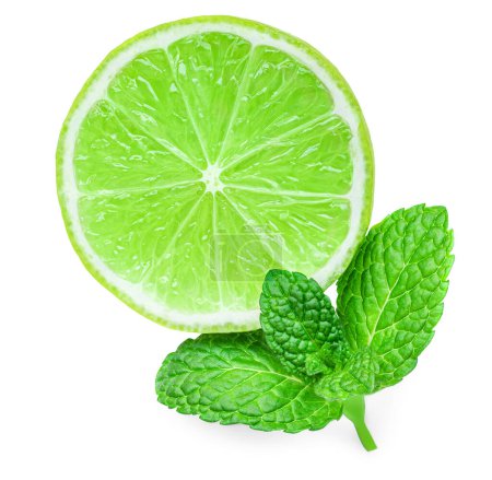 Foto de Lime fruit with mint leaf isolated on white background. Lime citrus slice closeu - Imagen libre de derechos