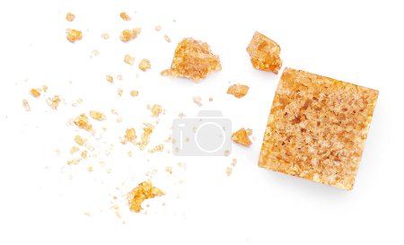 Photo for Pieces of cane sugar isolate on white background. Thatched brown sugar cube set Top view. Flat la - Royalty Free Image