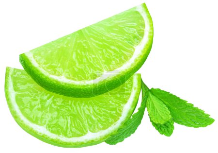 Téléchargez les photos : Lime fruit with mint leaf isolated on white background. Lime citrus slice closeu - en image libre de droit