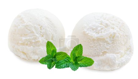 Foto de Dos cucharadas de bola de helado de vainilla aisladas sobre fondo blanco con pulga de menta verde - Imagen libre de derechos