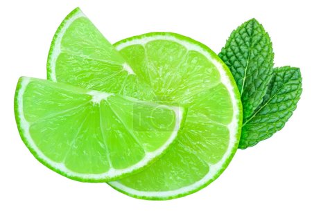 Photo for Lime slices isolated on white background. Lime citrus fruit with mint leaf - Royalty Free Image