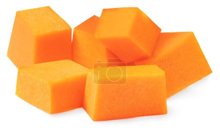 Photo for Diced Pumpkin isolated in white background. Fresh raw Pumpkin slices cut out, closeup - Royalty Free Image