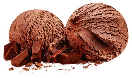 Téléchargez les photos : Boules de crème glacée au chocolat noir isolées sur fond blanc. Pièces de chocolat proche u - en image libre de droit