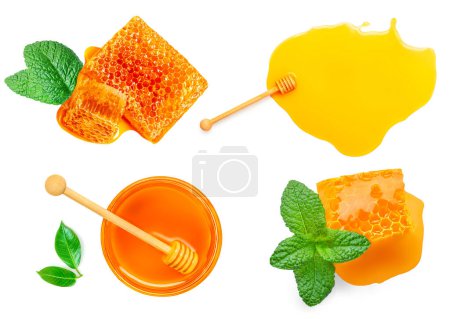 Photo for Creative layout made of honey isolated on white background. Honey combs, jars and dippers set. Honeycomb Pattern.  Flat lay. Food concept - Royalty Free Image