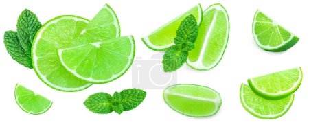 Photo for Lime isolated on white background. Lime citrus fruit with mint leaf . Collection. Pattern - Royalty Free Image