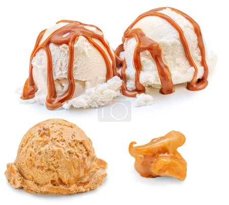 Photo for Caramel  ice-cream with toffee caramel pieces isolated on white background. Creative layout of ice-cream - Royalty Free Image