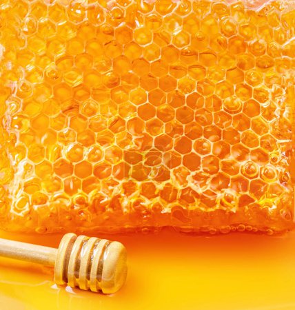 Foto de Fondo miel orgánica y panal de abeja, de cerca. Fondo de pantalla. Patrón - Imagen libre de derechos