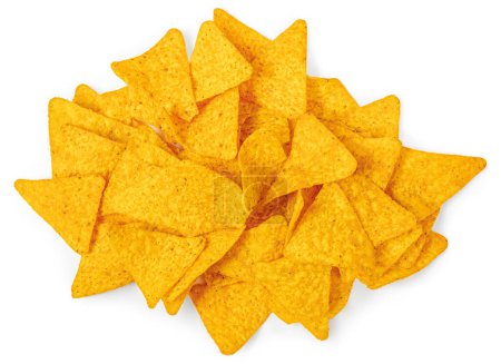 Foto de Fichas de nachos aisladas sobre fondo blanco. Salty chips Vista superior. Puesta plana - Imagen libre de derechos