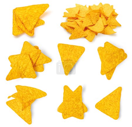 Photo for Nachos chips  isolated on white background. Crispy chips  Top view. Flat lay. Creative food layou - Royalty Free Image