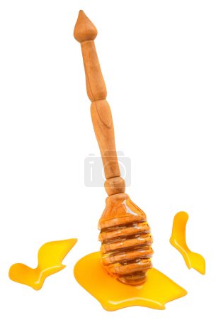 Photo for Honey dipper isolate on white background. Food concept. Honey dripping with honey spots and splashe - Royalty Free Image