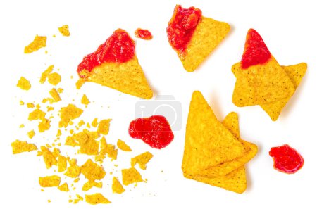 Photo for Corn chips nachos and salsa sauce isolated on white background, top view. Flat lay. Meican Food Creative layou - Royalty Free Image