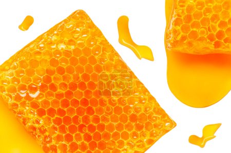 Téléchargez les photos : Rayon de miel avec des taches de sirop de miel isolé sur fond blanc. Couché à plat. Concept alimentaire - en image libre de droit