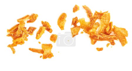 Téléchargez les photos : Pile d'oignons frits croustillants isolés sur du blanc. Oignons rôtis Vue de dessus. Appartement la - en image libre de droit