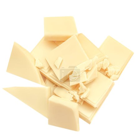 Photo for Broken white chocolate pieces  isolated on white background. Cubes of irregular chocolate shape for package design. Top view. Flat la - Royalty Free Image