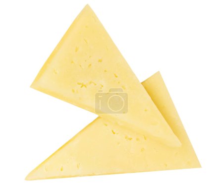 Foto de Piezas de triángulo de queso aisladas sobre fondo blanco. Rebanadas de queso suizo para el paquete desig - Imagen libre de derechos