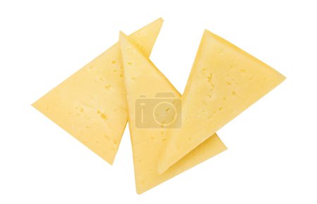 Foto de Piezas de triángulo de queso aisladas sobre fondo blanco. Colección de rebanadas de queso suizo. Vista superior. Puesta plana - Imagen libre de derechos