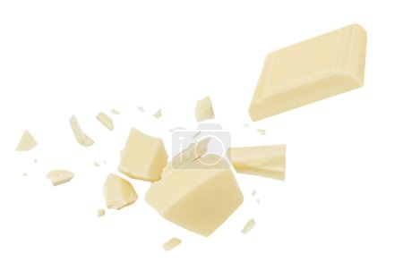  White Chocolate explosion isolated on white background. Shattering Chocolate pieces package design