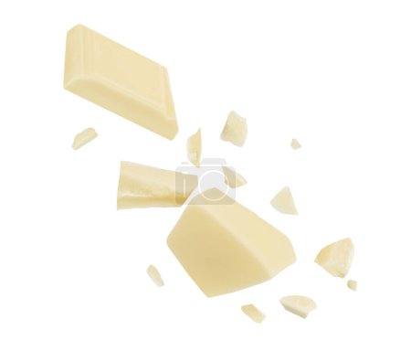 Photo for White milk chocolate chunks isolated on white background. Flying Chocolate pieces explosion, shavings and cocoa crumbs - Royalty Free Image