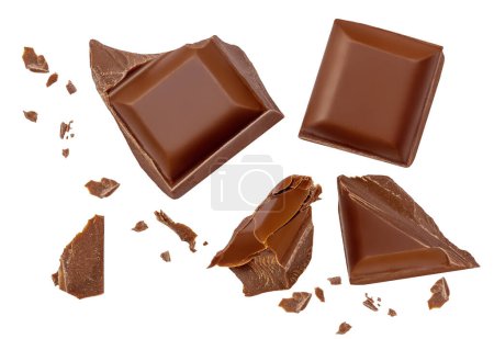 Photo for Chocolate broken into pieces in the air isolated on a white background. Milk dark  chocolate explosion, pieces shattering on white background close u - Royalty Free Image