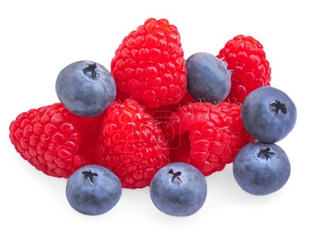 Isolated mixed berries. Fresh Blueberries and Raspberry on white background. Big Pile of Fresh Berriesclose 