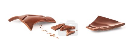 Photo for Broken milk chocolate egg pieces  on white background. Crushed Chocolate close u - Royalty Free Image