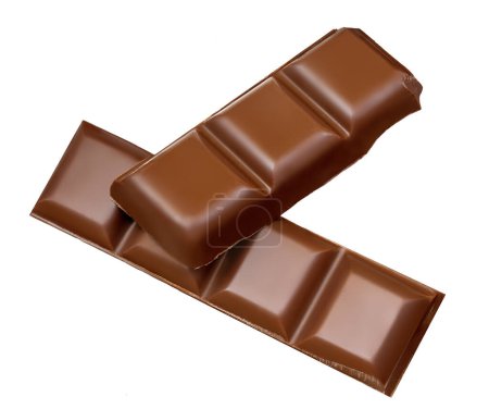 Téléchargez les photos : Barre de chocolat noir lisse isolée sur fond blanc. Pièces de chocolat au lait Vue de dessus. Appartement la - en image libre de droit