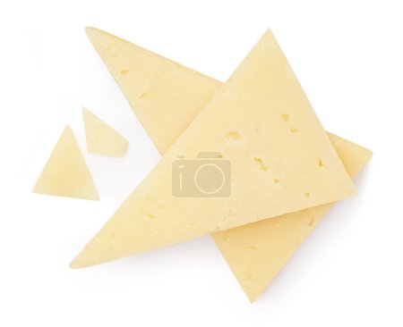 Photo for Cheese piece triangles  isolated on white background. Mature Gouda cheese top view. Flat lay. - Royalty Free Image