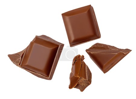 Photo for Broken chocolate piece explosion Dark Chocolate pieces isolated. Levitating Chocolate pieces on white background - Royalty Free Image
