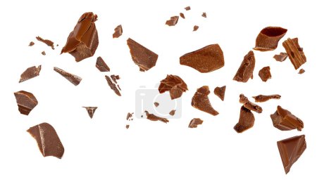Photo for Broken chocolate piece explosion Dark Chocolate pieces isolated. Levitating Chocolate pieces on white background - Royalty Free Image