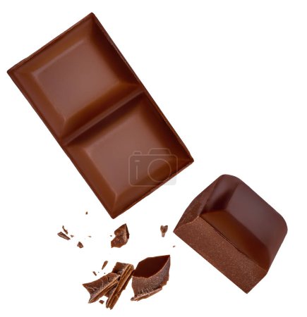 Photo for Piece of chocolate explosion isolated on white background. Levitating dark  chocolate chunks Collection. Top view. Flat lay. Patter - Royalty Free Image