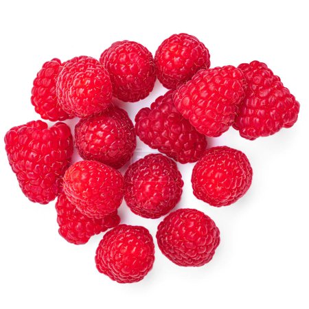 Photo for Fresh ripe raspberries isolated on white background. Heap of raspbrries top view, flat la - Royalty Free Image