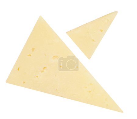 Photo for Cheese piece triangles  isolated on white background. Mature cow milk cheese top view. Flat lay. - Royalty Free Image