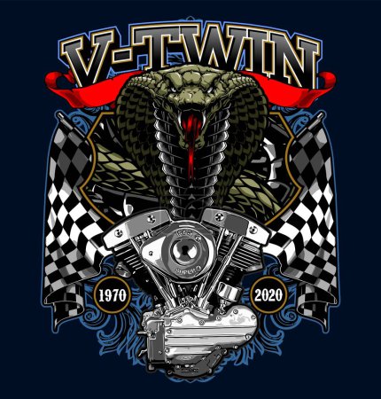 Illustration for V-twin and king cobra engine with checkered flag - Royalty Free Image