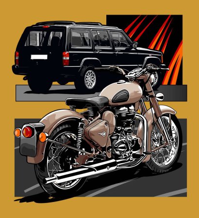 Ilustración de Motocicleta vintage y suv vector plantilla - Imagen libre de derechos