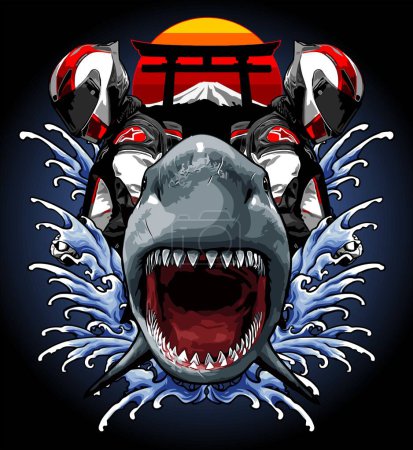 Illustration for Shark and biker japanese art vector template. - Royalty Free Image