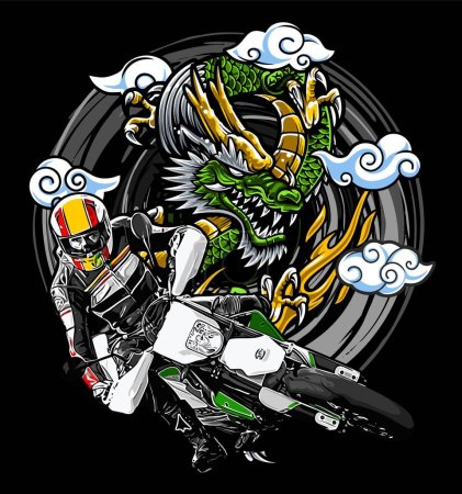 Illustration for Supermoto with dragon background vector template - Royalty Free Image