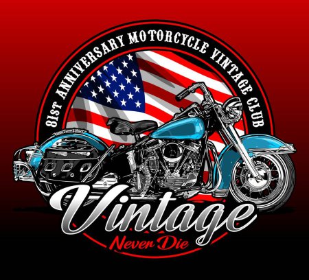 Ilustración de Motocicleta clásica con fondo de bandera americana. - Imagen libre de derechos