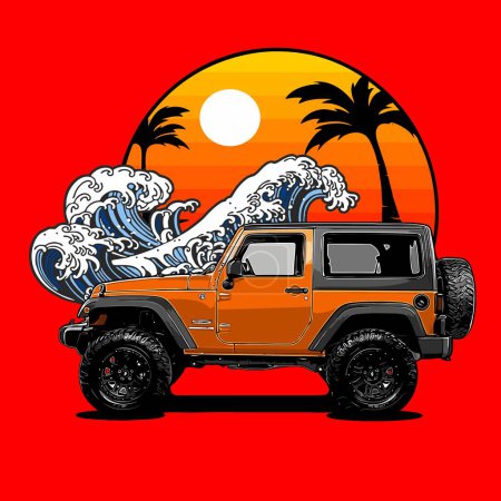 Illustration for Orange SUV with waves and sunset in the background - Royalty Free Image