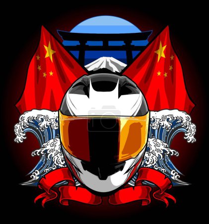 Illustration for Full face helmet front view with waves and Chinese flag background - Royalty Free Image