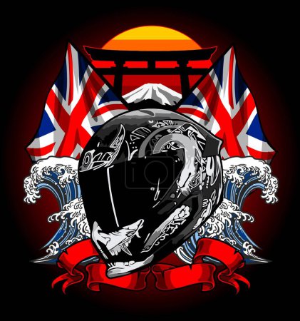 Illustration for Full face helmet front view with waves and British flag background. - Royalty Free Image