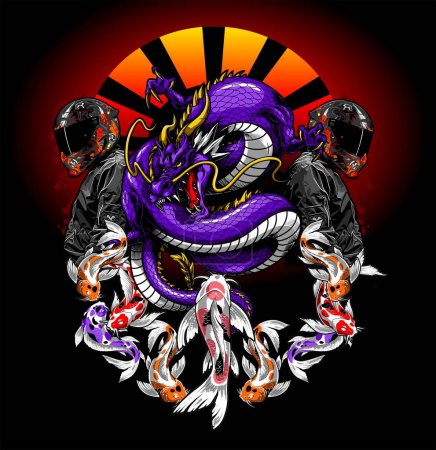 serpiente dragón púrpura y peces koi en el fondo del motorista